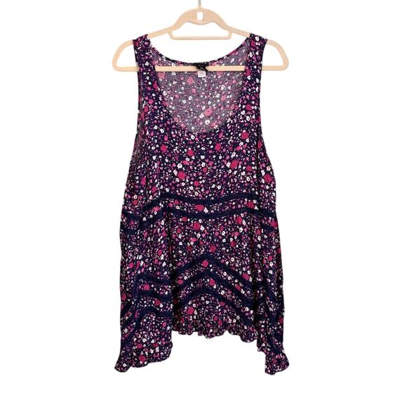 Torrid Tank Top Womens Size 1 Purple Floral Print Asymmetrical Ruffle Hem Blouse - Picture 1 of 8